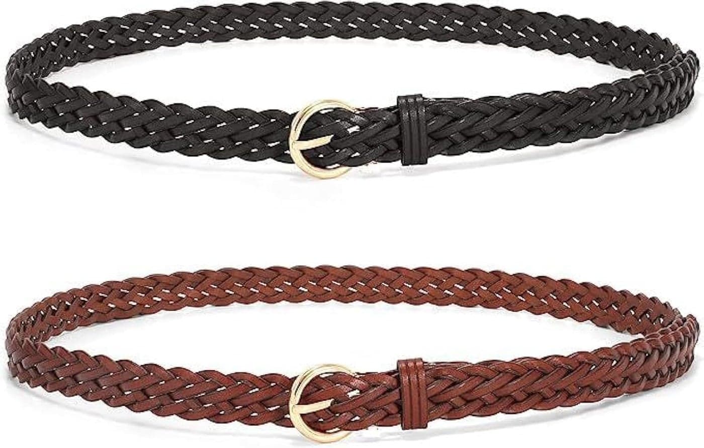 Leather Waist Belt, Women Skinny Leather Belts, Women's Fashion Braided Leather Waistbands Belt, Women Leather Belt Soft Faux Leather Belt Waist Belts for Jeans Dress 2 Packs