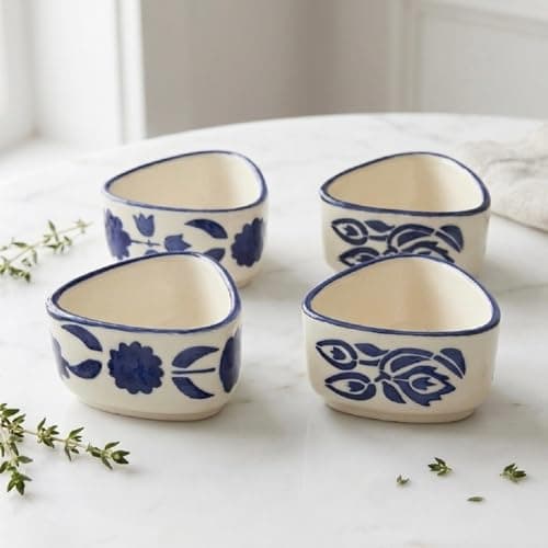 U & U UNIQUE UTILITIES Ceramic Chutney Bowl Set of 4 | Mini Dip & Sauce Bowls | Small Serving Bowls for Ketchup, Pickles, Chutney | Microwave & Dishwasher Safe (Blue & White)
