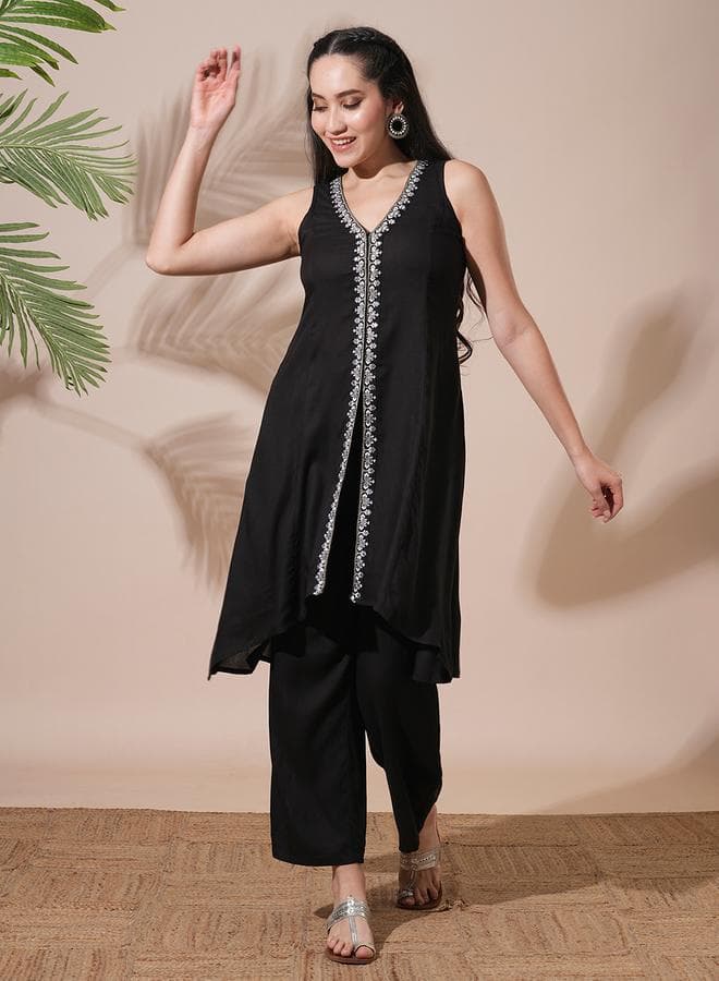 Women Black Embroidered Front Slits A-Line Kurta with Pant Set