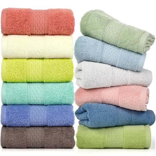 Cleanbear Hand Towels 12 Pack 12 Colors 100% Cotton Hand Towel Set for Bathrooms and Different Family Members - Ultra Soft Bath Hand Towel with Assorted Colors (13 by 29 Inches)