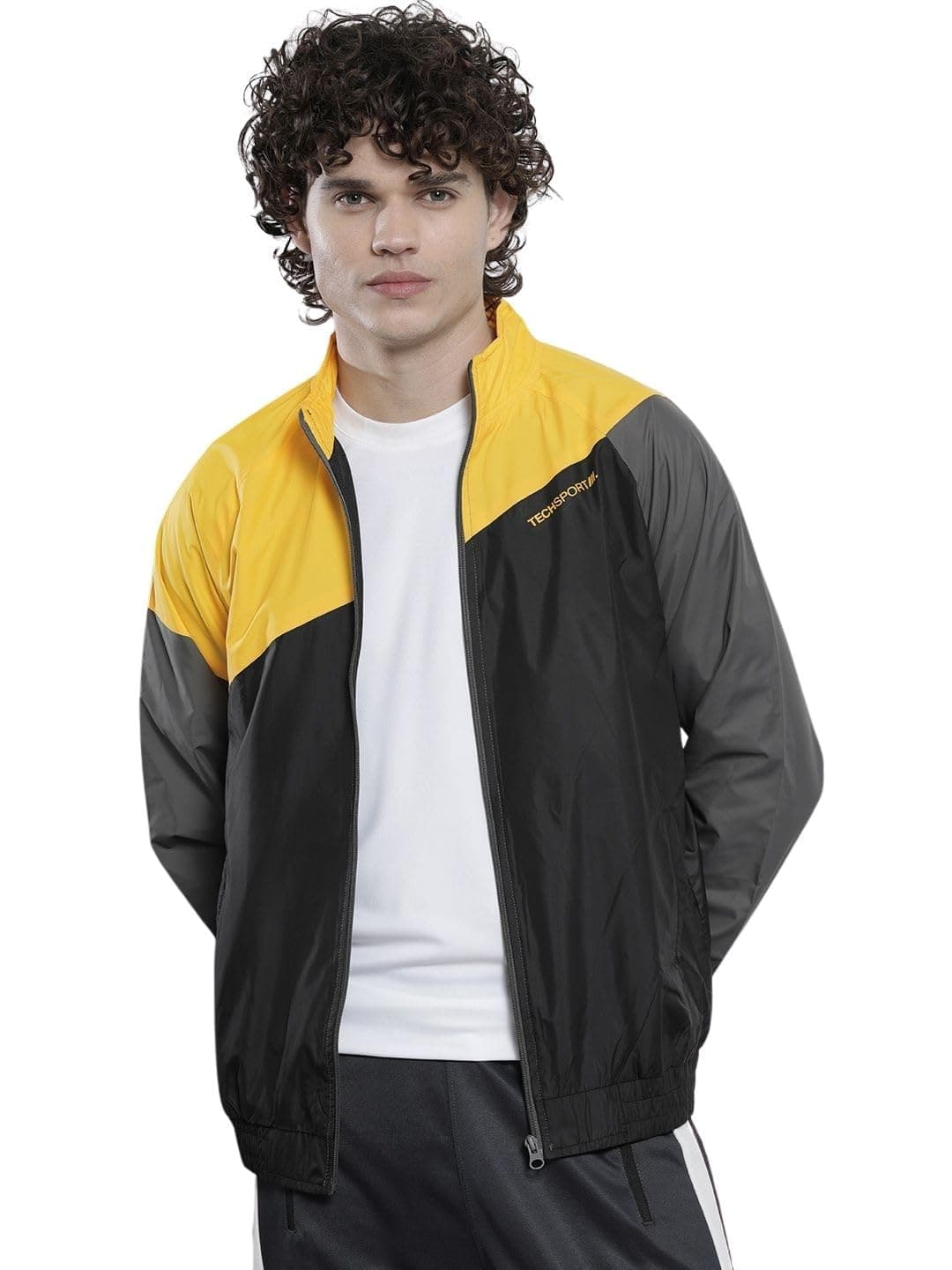 The Indian Garage Co Polyester Men Yellow Regular Fit Standard Length Placement Print Standup Collar Windbreaker(Yellow), X-large