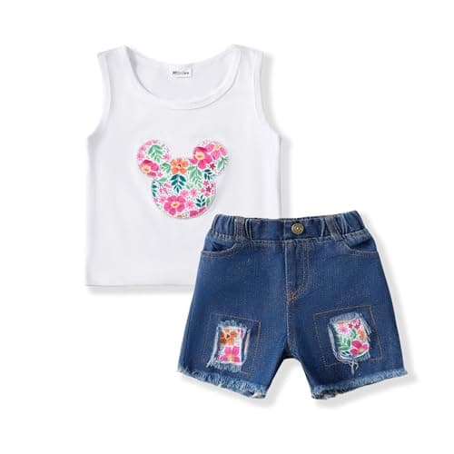 Mikrdoo 2 Years Old Baby Girl Clothes Tank Top Denim Short Set Spring Summer Outfits Baby Girls' Clothing for Toddler 2-3T, Colorful