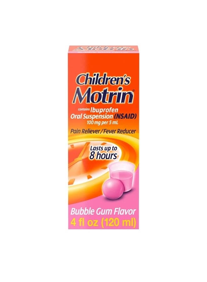 Children's Oral Suspension Medicine, 100 mg Ibuprofen, Kids Fever Reducer & Pain Reliever for Minor Aches & Pains Due to Cold & Flu, Alcohol-Free, Bubble Gum Flavored, 4 fl. oz