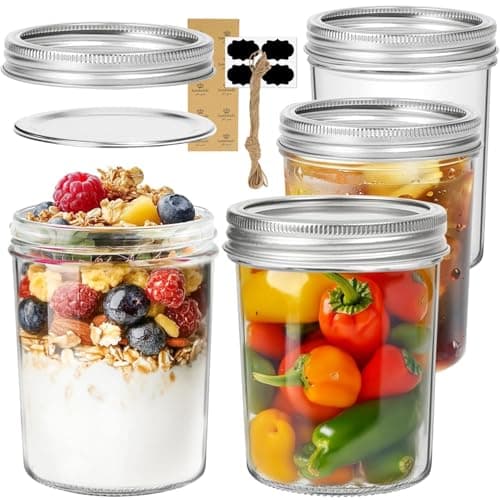 ComSaf Wide Mouth Mason Jars 16 oz with lids 4 Pack Pint Mason Jars with Seal Bands Glass Canning Jars for Honey Jam Jelly Coffee Salad Desert Shower Wedding Favors DIY Candles Decor