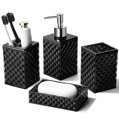 RYTOXILO Black Bathroom Accessories Set, 4 Pack Matte Black Bath Accessory Sets Complete, Acrylic Soap Dispenser and Toothbrush Holder Set for Bathroom Counter Sink, Modern Bathroom Decor