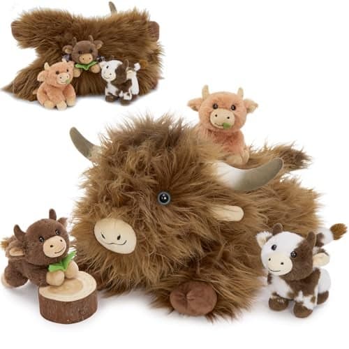 Morismos Highland Cow Stuffed Animal with Baby Calves inside Belly20 Mommy Brown Highland Cow Gift for Kid Girl Boy Hyland Cattle Pillow Cute FarmWildlife Stuffed Animals for Birthday Party Decor