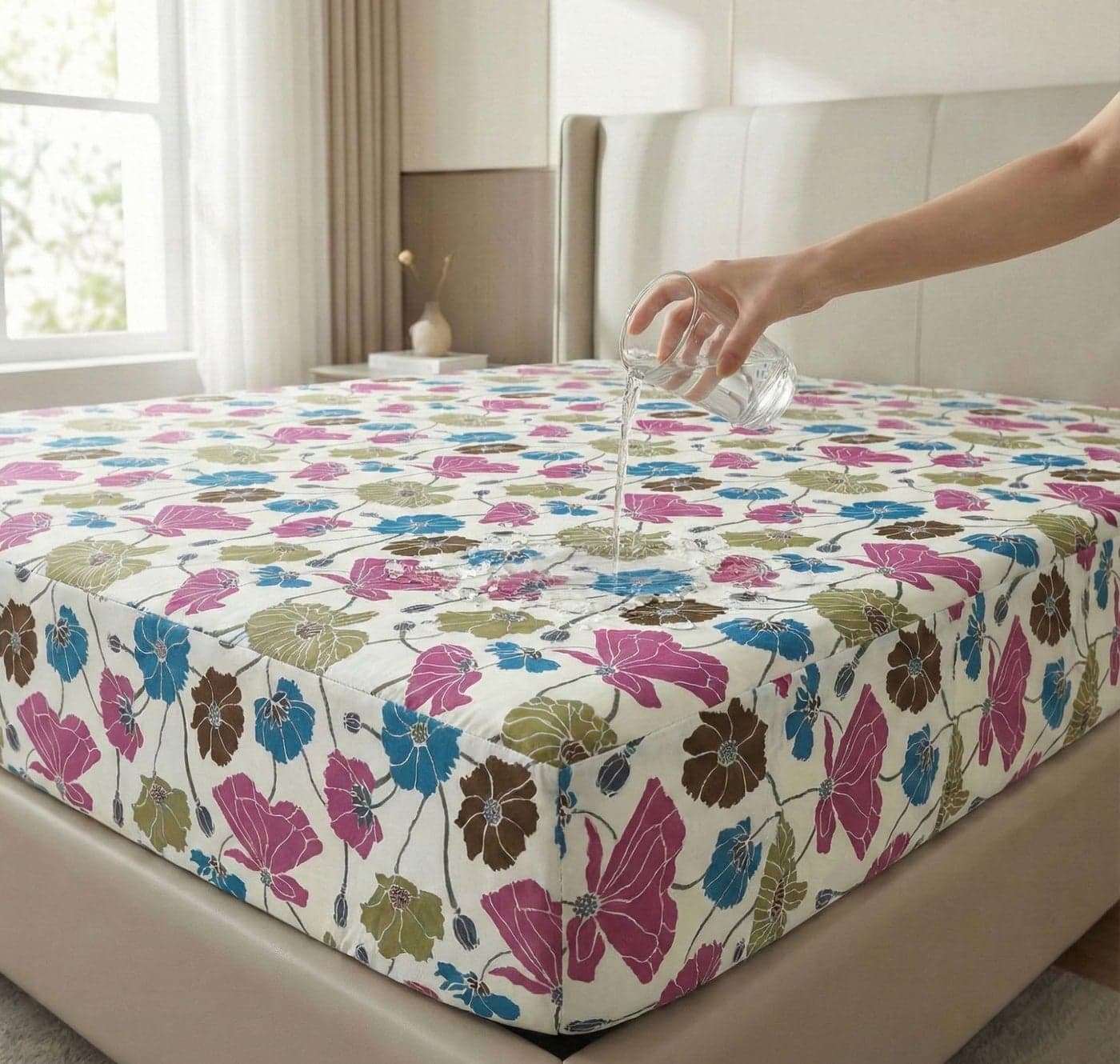 VAS COLLECTIONS Waterproof Mattress Protector/Fitted Bedsheet King Size (78x72+8 inches) with 2 Pillow Covers | All-Round Elastic (White, Green & Blue, Waterproof Fitted Bedsheet (78 X72 inch))