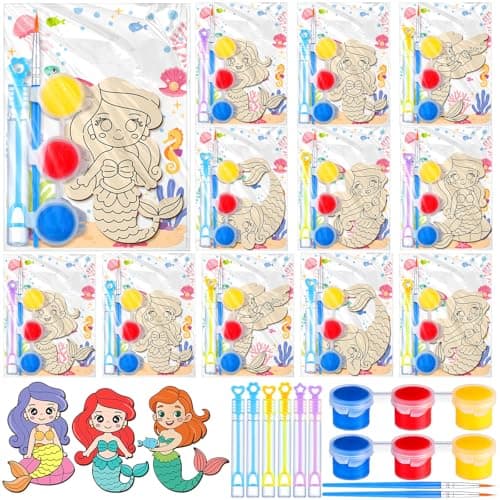 JellyArch 24 Set Valentines Day Gifts Mermaid Wood Painting Kits Valentine Painting Crafts Wooden Mermaid Party Favors with Bubbles Card Watercolor Exchange Gift for Kids Birthday Supplies Girls Bulk