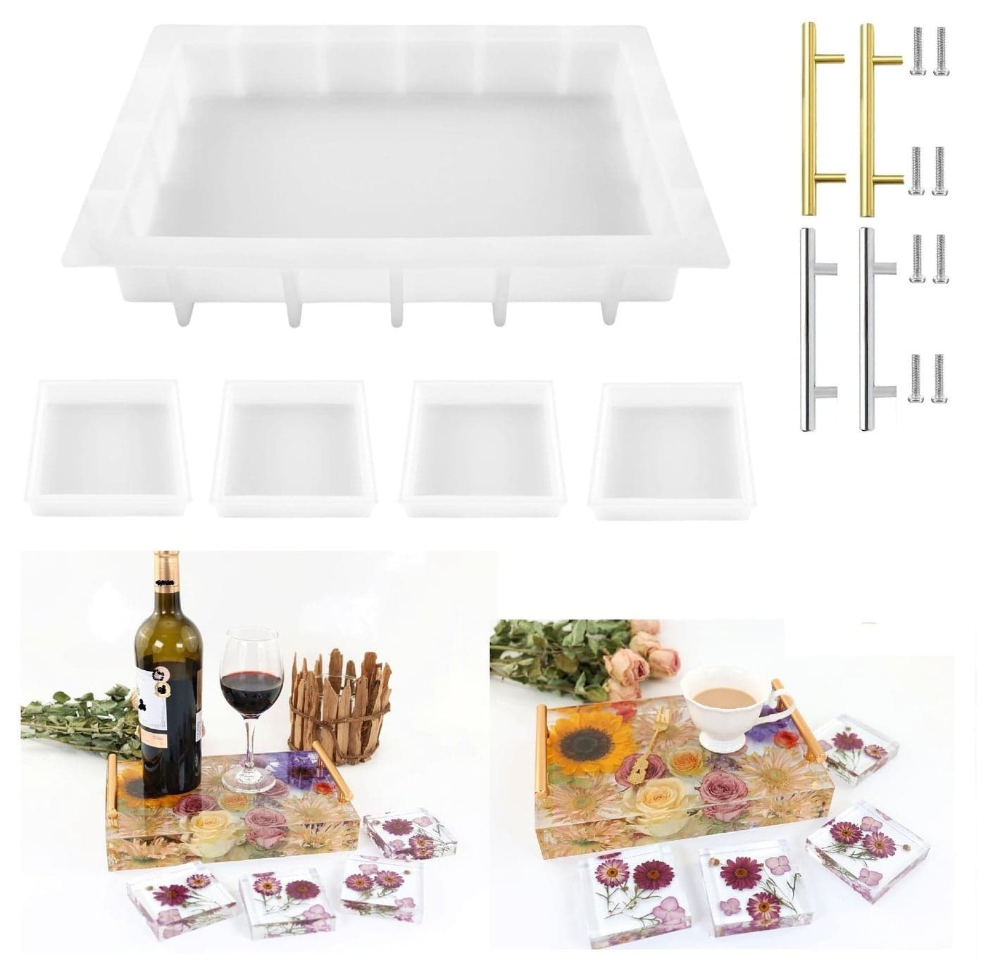 Resin Tray Molds Silicone 135 Large Rectangle Deep Tray Mold and 4 Square Deep Coaster Molds Silicone Board Table Mold With Handles Floral Preservation Bouquet