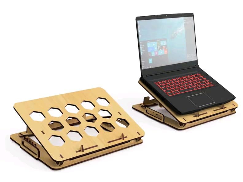 MeeCraft Portable Wooden Laptop Stand MacBook Holder Adjustable Tilt Height Honeycomb Ventilation with Carrying Handles 37x27cm Brown