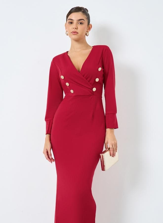 Styli Red Maxi Blazer Dress with Button Detail