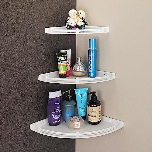 iSTAR Plastic Wall Mounted Corner Shelf for Bathroom Multipurpose Bathroom Accessories Organizer Shelves (6 inch, 8 Inch, 10 Inch, Pack of 3, White)