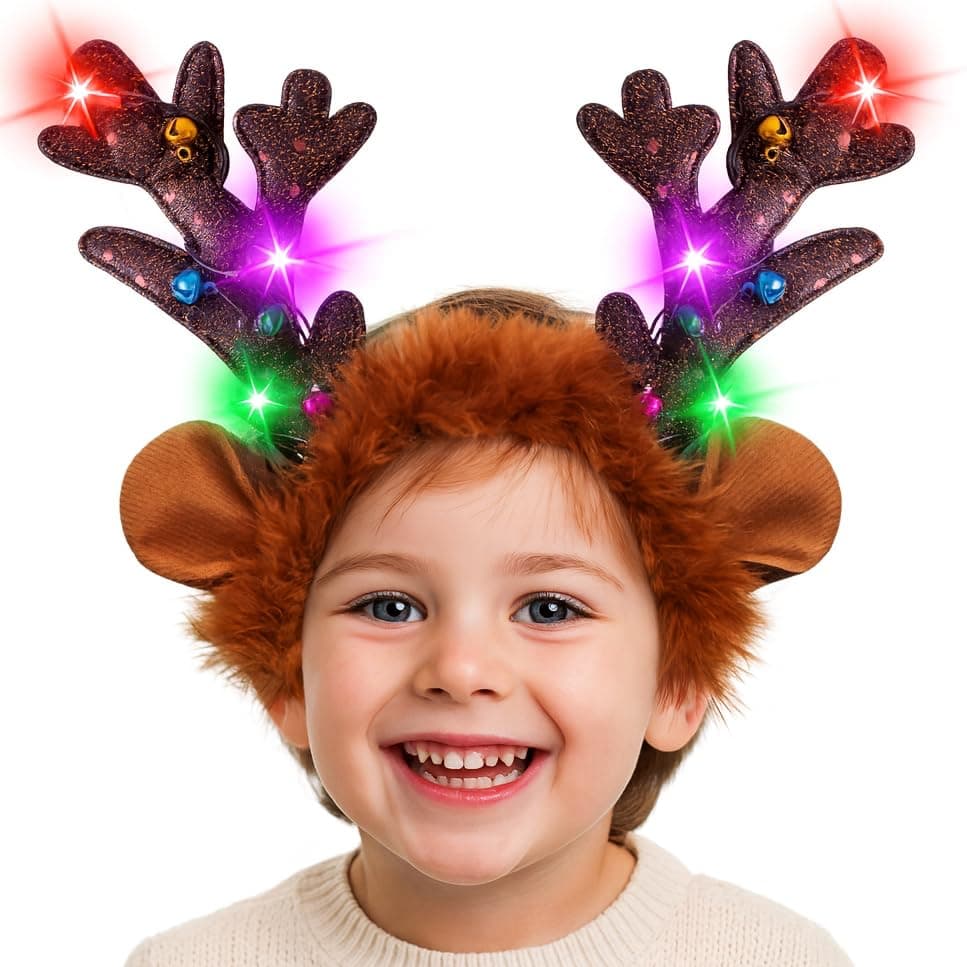 ArtCreativity Light Up Christmas Reindeer Headbands Set of 4 Christmas Reindeer Antlers Headband Set Reindeer Ears Headbands with LED Lights and Jingling Bells Christmas Gifts for Kids