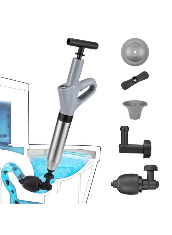 Stainless Steel Toilet Pipe Plunger With Pressure Gauge - Manual Drain Cleaner Tool With Complete Attachment Set For Sink/Bathtub/Floor Drain Clog Removal