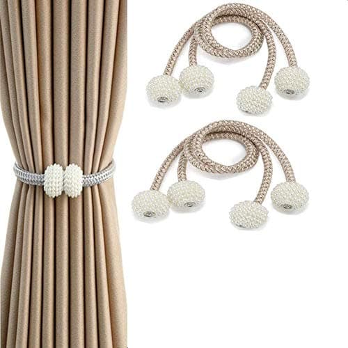 RAMCHA Round Pearl Polyester and Magnet Curtain Tiebacks Drapery Holdbacks Binding Tie Band for Living Room Decoration, Medium, Beige - Set of 4 Pieces, Standard (SWT110)