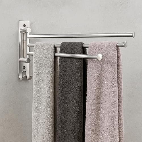 ACHRO Self Adhesive and Wall Mount Swivel Towel Rack, 15 Inch Thicken 304 Stainless Steel 3-Arm Towel Bar, Space Saving, Rustproof Swing Out Towel Hanger for Bathroom, Kitchen (Brushed Nickel)