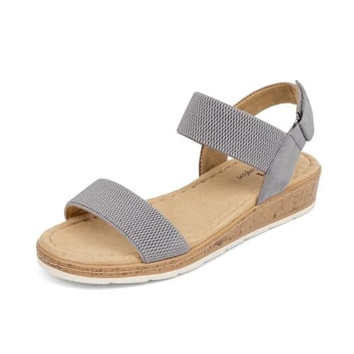 VJH confort Women’s Flat Sandals Open Toe Elastic Ankle Strap Slip on Comfy Low Wedge Sandals(Grey,6.5)