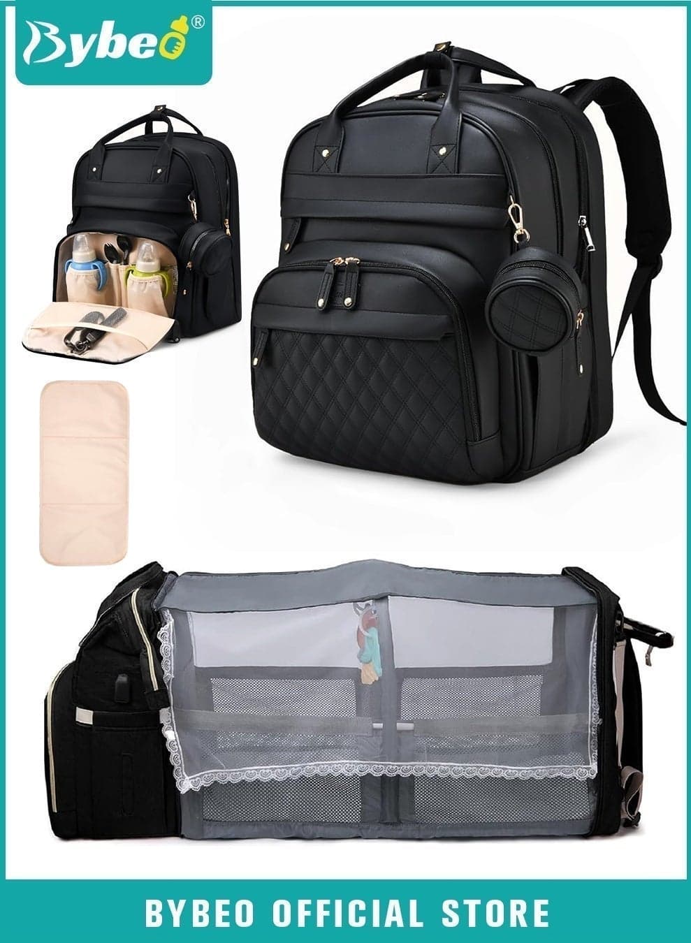 PU Baby Diaper Bag Backpack with Multifunction Diapers Changing Station, Baby Travel Backpack Bag with Toy Bar for Outdoor and Travel, Large Capacity Infant Gift, USB Port, 3 Toys
