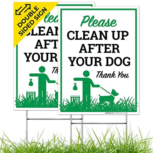 Please Clean Up After Your Dog Thank You Sign, (2 Pack) Double Sided 9x12 Inches, Corrugated Plastic with Metal H Stake, Made in USA