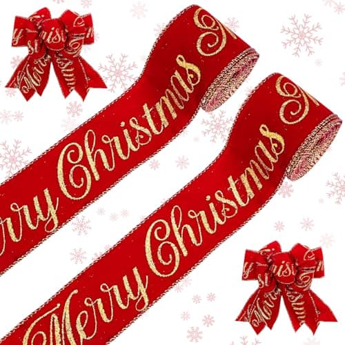 Whaline 2 Roll Merry Christmas Velvet Wired Edge Ribbon 25 Inch 20 Yards Red Gold Glitter Xmas Tree Velvet Wired Ribbon for Bow Wreath Craft Gift Wrap Holiday Home Decor