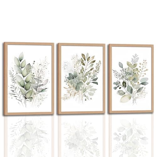 3Pcs Framed Sage Green Botanical Wall Art, Watercolor Canvas Prints Modern Green Plant White Floral Decor for Bedroom Living Room Bathroom Nursery, Ready to Hang wooden frame 12x16In