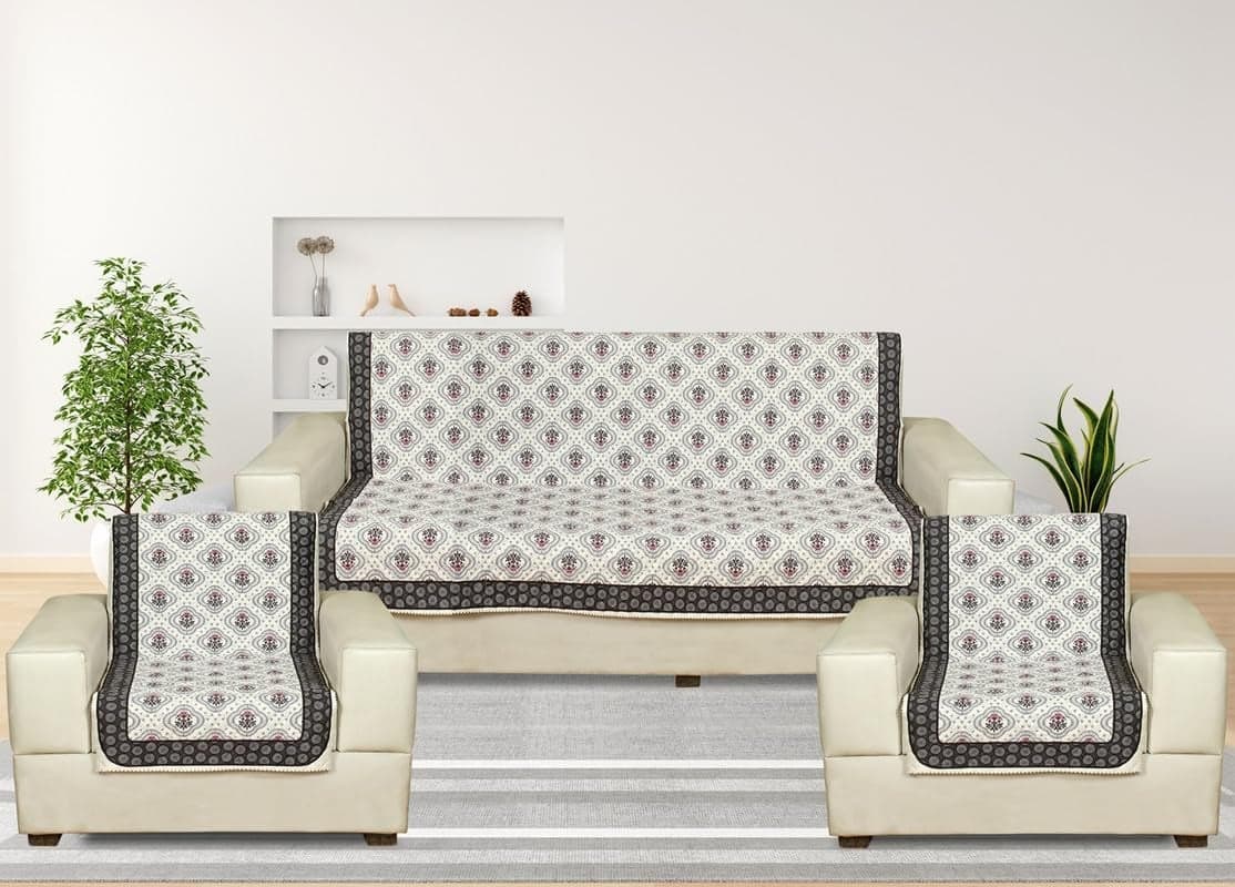 Nendle Premium Touch Soft Velvet 3 Layer Quilted Sofa Cover 5 Seater with Combined seat and Back| Anti-Slip Protector Covers for Living Room, Drawing Room (Ivory, Pack of 3+1+1)