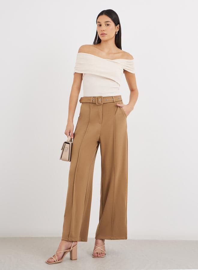 Women Brown Wide Leg Trousers with Pintuck Detail