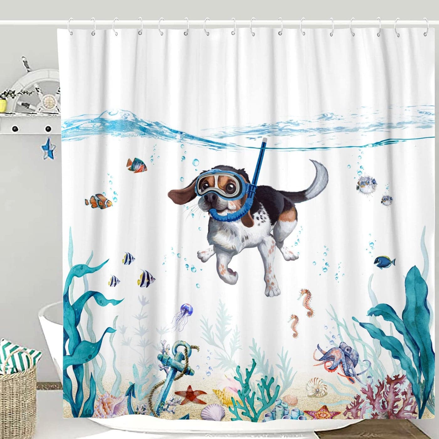 Lifeella Funny Dog Shower Curtain Teal Blue Sea Ocean Waterproof Fabric Shower Curtains for Bathroom with Animal Octopus Starfish Turtle Anchor Fish Nautical Bathroom Curtain Dog