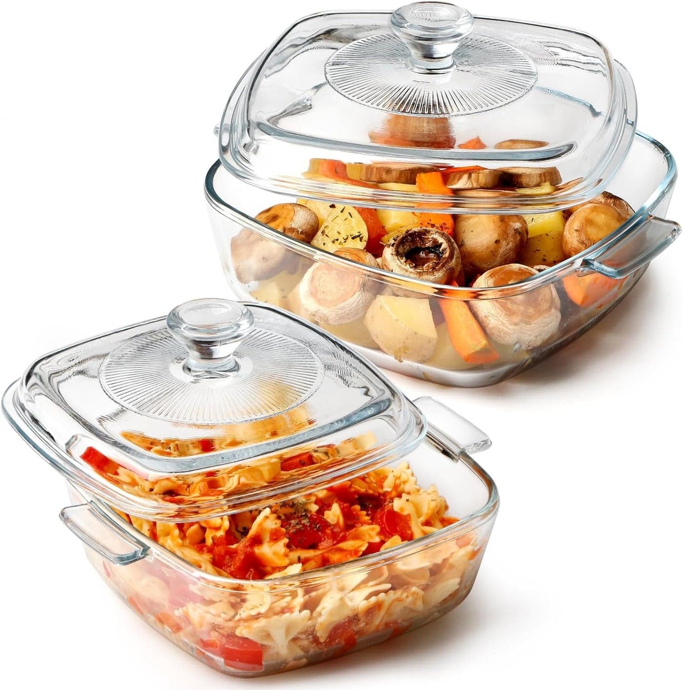 Mevanta Glass Casserole with Lid - 1000ML Borosilicate Glass Bowl for Cooking Baking Serving Mixing Storing - Microwave & Oven Safe Serving Bowl with Lid for Kitchen ,Dining , Food Multipurpose (Square - 1000ML, Set of 2)