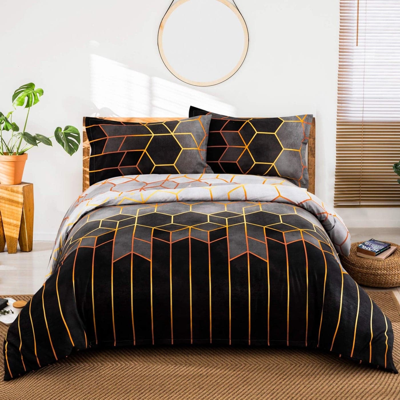Grey Geometric Duvet Cover Golden Stripes Soft Microfiber Bedding Sets Reversible Lightweight Quilt Cover 3pcs with Zipper Closure King 220x230cm
