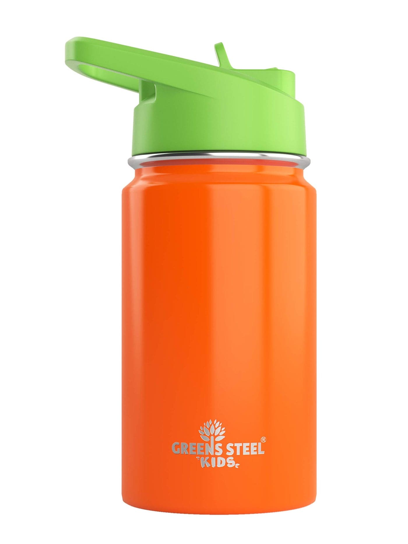 Kids Water Bottle 12oz Orange Leak Proof With Straw Handle 24 Hours Cold Insulated Double Wall Stainless Steel Easy Sip Toddler Cup Childs Flask Eco Friendly