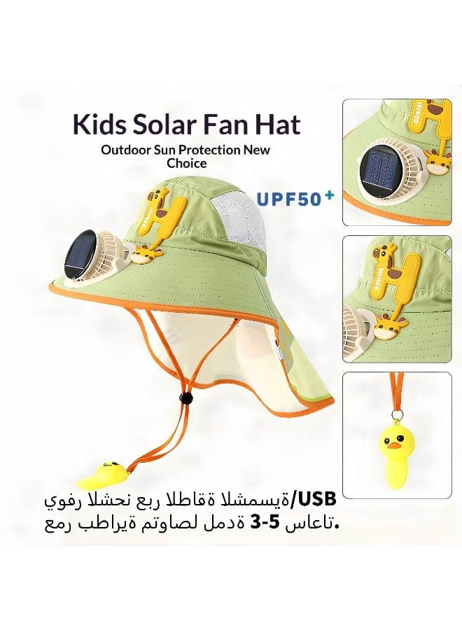 Children's solar-powered fan sun hat, H-shaped green cartoon giraffe wide-brimmed UV-protective beach hat, with neck shield, breathable mesh outdoor sun hat, suitable for toddler boys and girls, UPF50+