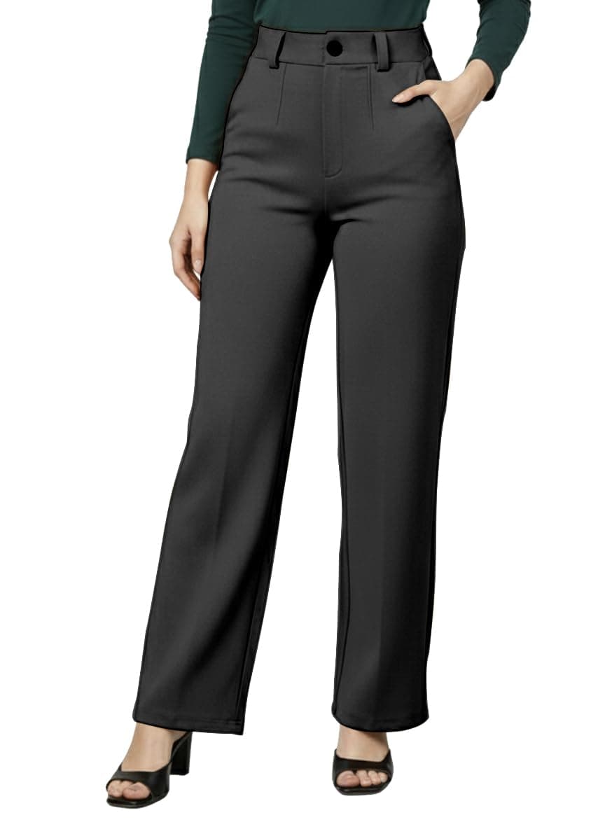 Mehrang Cotton Blend Bootcut Parallel Trouser Pants for Women Regular Fit, Side Pocket, Front Fly Zip Bellbottom Straight Pants for Womens (in, Alpha, L, Regular, Black)