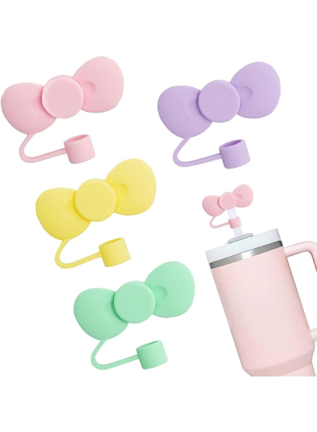 4 Pcs Cute Bow Straw Covers Cap, Straw Toppers Tips, Compatible with Stanley 40/30 oz Tumbler Cups, Reusable Silicone Straw Lids Protectors, Straws Accessories, for 0.4 In/10mm Stanley Cups