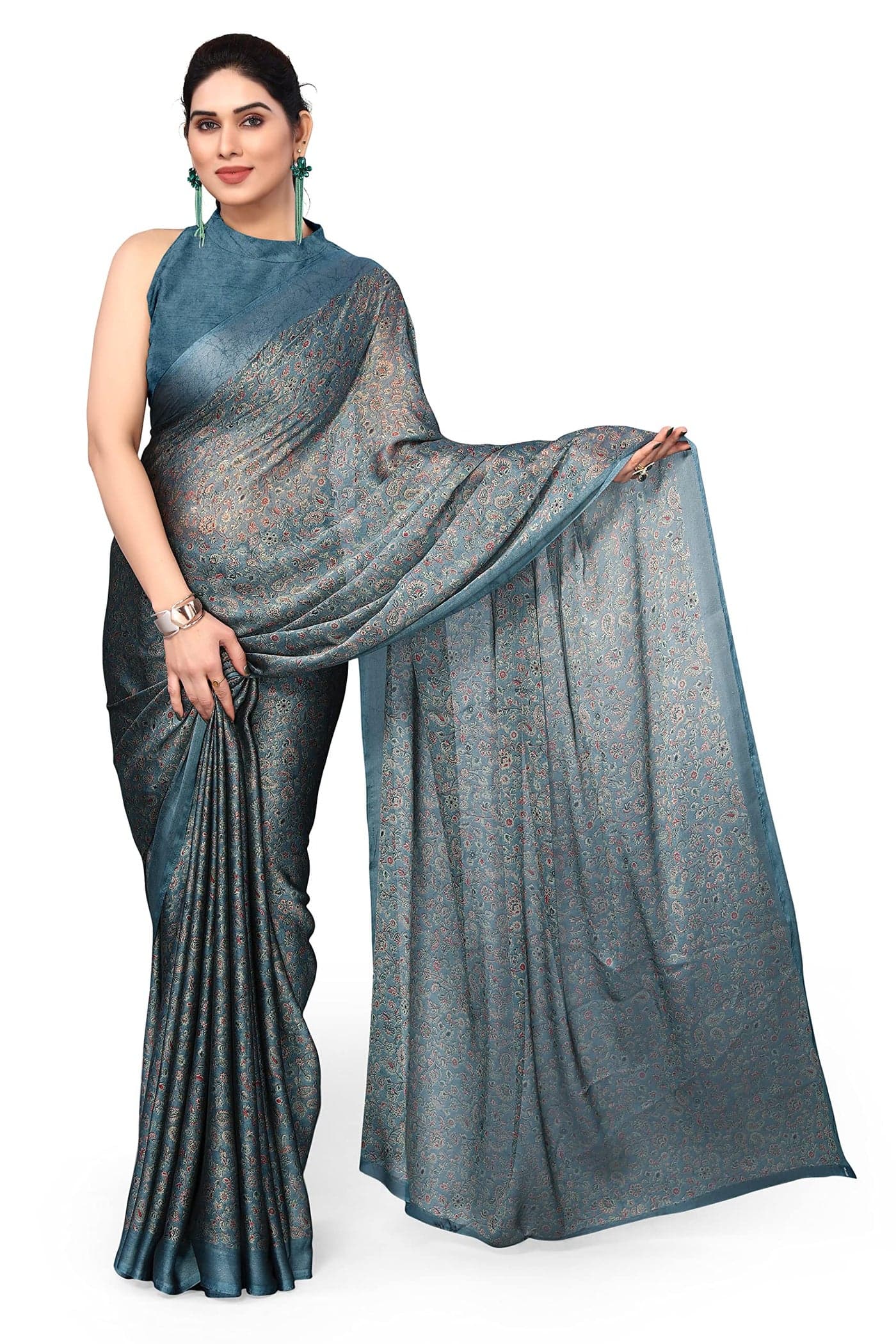 MIRCHI FASHION Chiffon Georgette Floral/Paisley Printed Sarees for Women with Blouse Piece (R38276 - Grey, Crimson)
