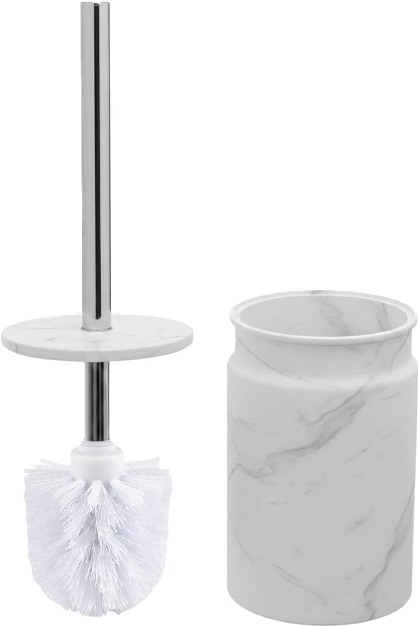 Toilet Brush and Holder Set - Toilet Bowl Brush and Holder with Sturdy Bristles for Thorough Cleaning - Concealed White Bathroom Accessories Toilet Cleaner Brush for Bathroom (Marble Look)