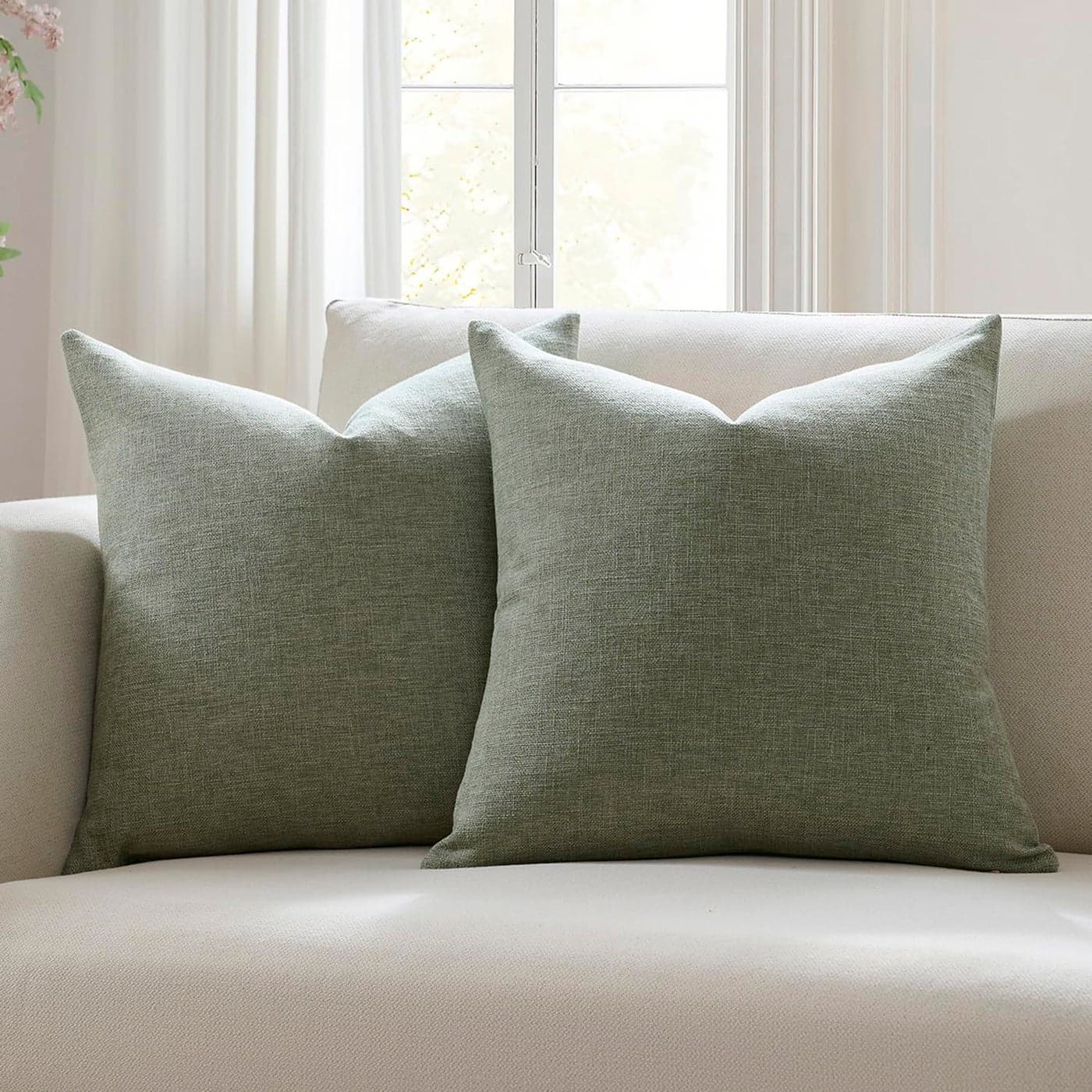 Meekio Set of 2 Dark Sage Pillow Covers 20 x 20 Inch Farmhouse Boho Decorative Throw Pillow Covers Linen Cushion Covers for Sofa Couch Dcor