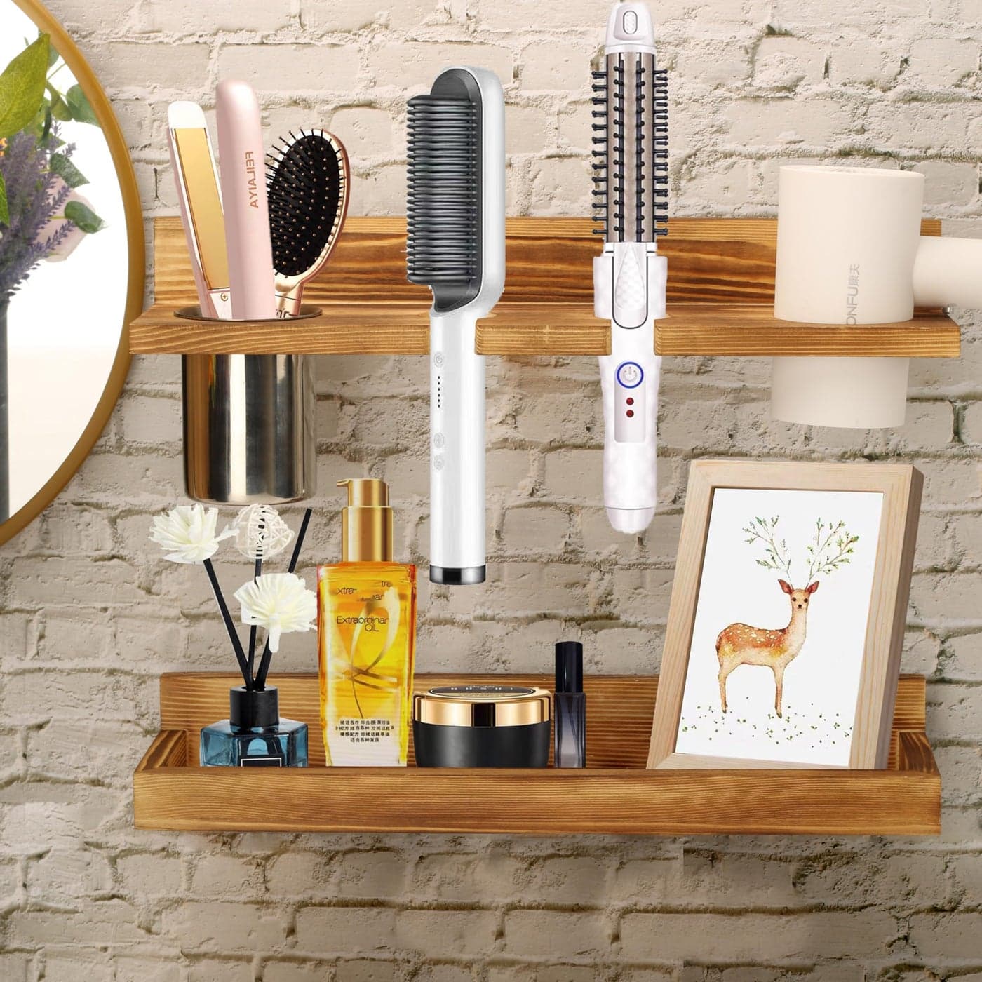 MRPAPA Hair Tool Organizer Wall Mount2 Layer Rustic Blow Dryer Holder Wooden Bathroom Organizer Storage Shelf for Hair Tools Curling Iron Hot Tools