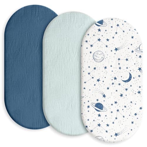 Gllquen Baby Muslin Bassinet Sheets 3 Pack Breathable Elastic Cozy Fitted Cotton Bassinet Mattress Sheet for Baby Boy Girls Fit for Hourglass Oval Rectangular Cradle Pad Sheets 33x17 Blue