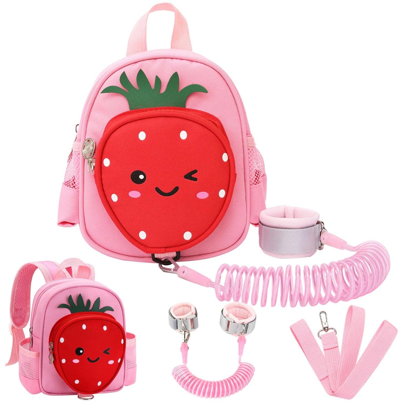Toddler Backpack with Leash Accmor 4 in 1 Kids Mini Backpacks with Anti Lost Wrist Link Cute Child Harness Bag Rein for Outdoor Strawberry Back Pack Rope Tether for Baby Girls Aged 13 Years Pink