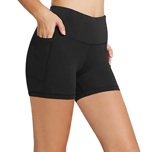baleaf Biker Shorts Women Tummy Control Yoga Gym Workout Spandex Running Volleyball Compression with Pockets 5" Black L
