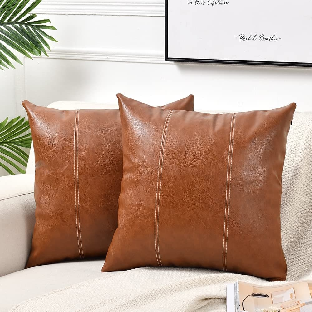 Fancy Homi 24x24 Pillow Covers 2 Packs Brown Decorative Throw Pillow Covers 24x24 Inch for Couch Bed Bedroom Living Room Cognac Brown Faux Leather Hand Stitched Square Cushion Case 60x60 cm