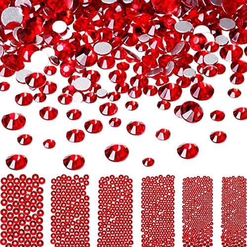Bememo 3456 Pcs Crystals Diamond Rhinestones AB Clear Flat Back Round Gems Flatback Glass Mixed Size Crystals Gems for Crafts Clothes Shoes Makeup Bags Decor, 6 Sizes(Red)