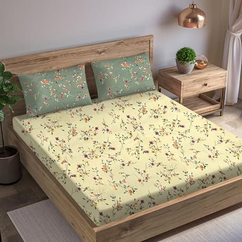 Trance Home Linen 180TC 100% Cotton 75"x60" Double Bed Size Elastic Fitted Bedsheet | Printed Double Size Bed Elasticated Fitted Bedspread with 2 Pillow Covers (75x60 inch, Lilly Ivory Green)