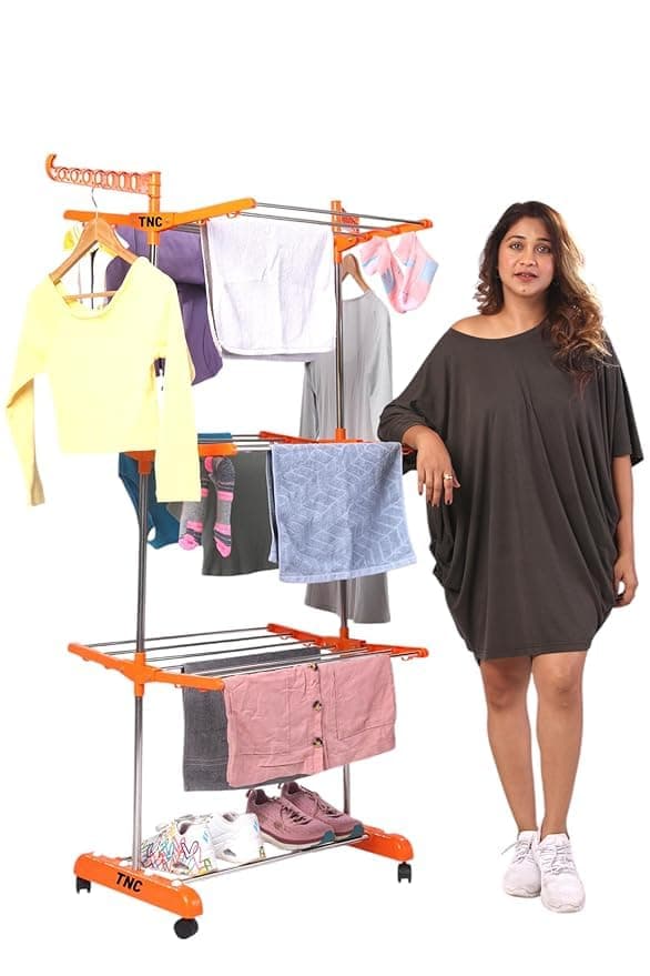 TNC Pure Stainless Steel Single Pole 3 Tier Movable Cloth Rack, Drying Stand. (65x28x12)