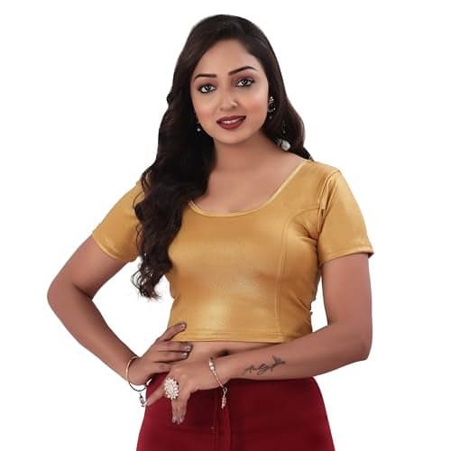 DESI GIRL - Stretchy Blouse for Women | Round Neck Regular Fit | Half Sleeve Readymade Shimmer Plain Design Festive Blouse Perfect for Saree, Lehenga, Kurti | Copper Gold - 32