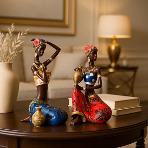 Xtore African Lady Statue with Pot| Graceful and Cultural Home Décor (Pack of 2, Red, Blue)