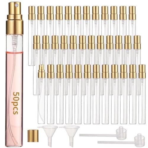 50 Pcs 10 ml Perfume Bottles - Refillable Glass Mini Spray Bottles, Portable Travel Sample Containers, Fine Mist Atomizers with Caps, Includes 2 Funnels and 2 Dispensers, Ideal for Liquids, Gold