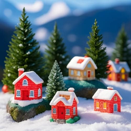 VAYINATO 4 Pcs Christmas Village Resin Miniature House Figurines – Potted Snow House Collectible Decor for Home, Thanksgiving & Christmas Tabletop, Fairy Garden Micro Landscape