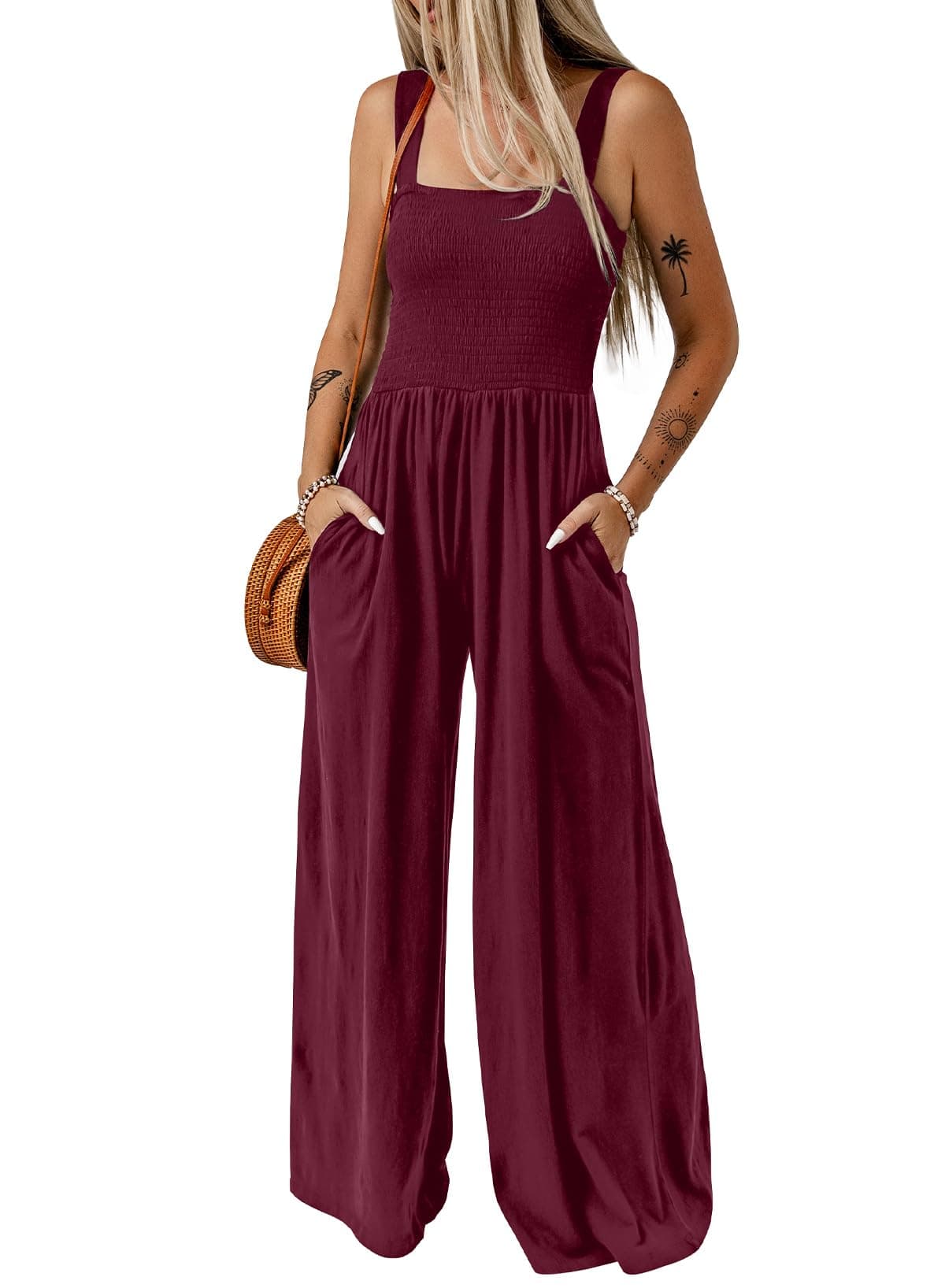 Dokotoo Loose Jumpsuits for Women Overalls Oversized Solid Color Wide Leg One Piece Sleeveless jumpsuit Long Pant Romper with Pockets 2025 Fashion Burgundy Red Large